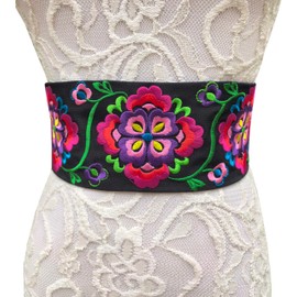 FANFAN Cinturón de bordado mexicano, hermoso cinturón floral para mujer, cinturón ajustable de diámetro de los Muertos E3, Estilo floral., Talla única