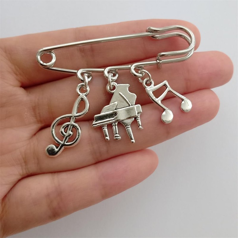 Piano and Music Note Charm Pendant Brooch, Punk Vintage Style