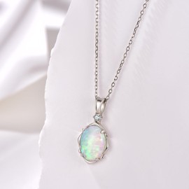 PHNIBIRD Women's Silver Necklace Opal Pendant 925 Sterling Silver Necklace Pendant Oval, Sterling Silver, Opal
