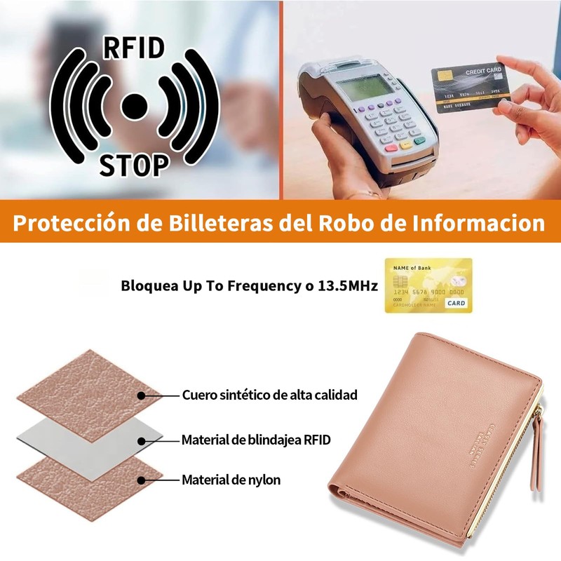 Cartera Compacta y Plegable para Mujer, Billetera de Piel con