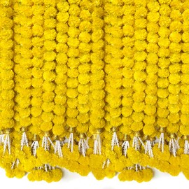 TWITTOOLS 5 PCS Marigold Garland for Decoration 5 feet Long Artificial Marigold Flowers with Bell Indian Diwali Decor for Home Pooja (Yellow)