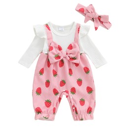 ZZLBUF Newborn Infant Baby Girl Clothes Fall Winter Long Sleeve Romper Corduroy Floral Bow One Piece Jumpsuit Cute Outfits (Strawberry Pink, 0-3 Months)