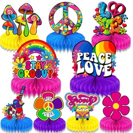 Qpout Pack of 9 Groovy Hippie Boho Party Honeycomb Table Toppers Tie-Dye Party Table Decorations Retro Flowers Rainbow Daisy Peace Sign for 60s and 70s Hippie Theme Party Decorations