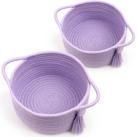 Empty Gift Basket - SweetMemo Mini Woven Rope Organizer Baskets for Baby Shower, Vanity, Makeup Brushes, Bathroom, Shelves, Desk - Small Decorative Storage Bins - Set of 2, Pre-Shaped, Lilac Purple