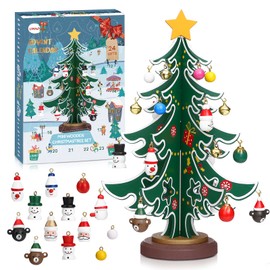 LIHAO Advent Calendar 2024 Christmas Tree Mini Wooden Christmas Tree with 24 Pendants Creative Advent Calendar Tree Decoration for DIY Christmas Tree Children