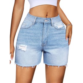 IWD Jean Shorts Womens High Waisted Ripped Casual Denim Shorts Stretchy Raw Hem Jorts 2025 Summer Trendy (Light Blue, Small)