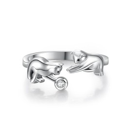 VENACOLY Cat Ring 925 Sterling Silver Adjustable Ring Animal Mother's Day Jewellery for Women Mum