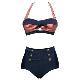 bslingerie® Ladies Retro Vintage Push Up High Waisted Bikini Swimsuit Plus Size (XXL, Red Striped Keyhole)