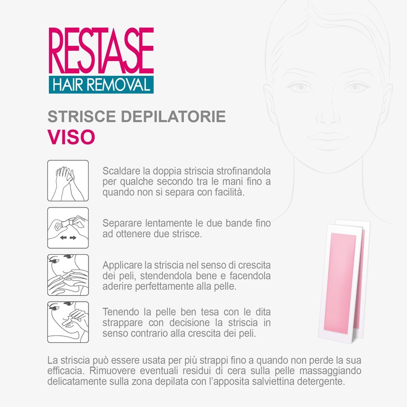 RESTASE | Strisce Depilatorie Viso, 20 pz + 2 Salviette,