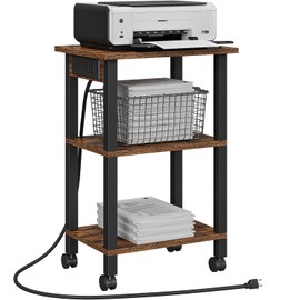 TUTOTAK 3 Tier Printer Stand, Rolling Printer Cart with Power Outlets and USB Ports, Mobile Printer Table with Wheels, for Under Desk, Office, Home,Brown PS02BB001
