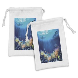 Ambesonne Underwater Fabric Pouch Set of 2, Various Fish in the Ocean Tranquil Marine Life Nautical Theme, Small Drawstring Bag for Toiletries Masks and Favors, 9" x 6", Cobalt Blue Multicolor