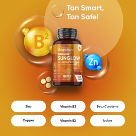 Sunglow Tanning Tablets – 120 Capsules with Beta Carotene, Vitamin B2, B3, Zinc, Copper & Iodine – Natural Tanning Accelerator – Gluten-Free, Non-GMO, Made in the UK – Supports Healthy Skin & Glow