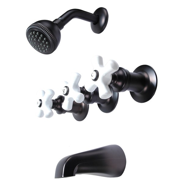 3-handle Tub & Shower Faucet, Oil Rubbed Bronze Finish, Porcelain Handle, Compression Stems - By Plumb USA