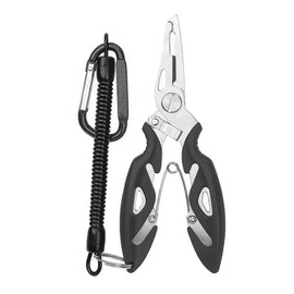 FONGKNOX Stainless Steel Fishing Pliers Hook Remover Tool Ring Spliting Line Cutting Multi-Functional Lightweight Fishing Scissors with Safety Lock Carabiner & Retractable Spring Cord & Bag Easy Black