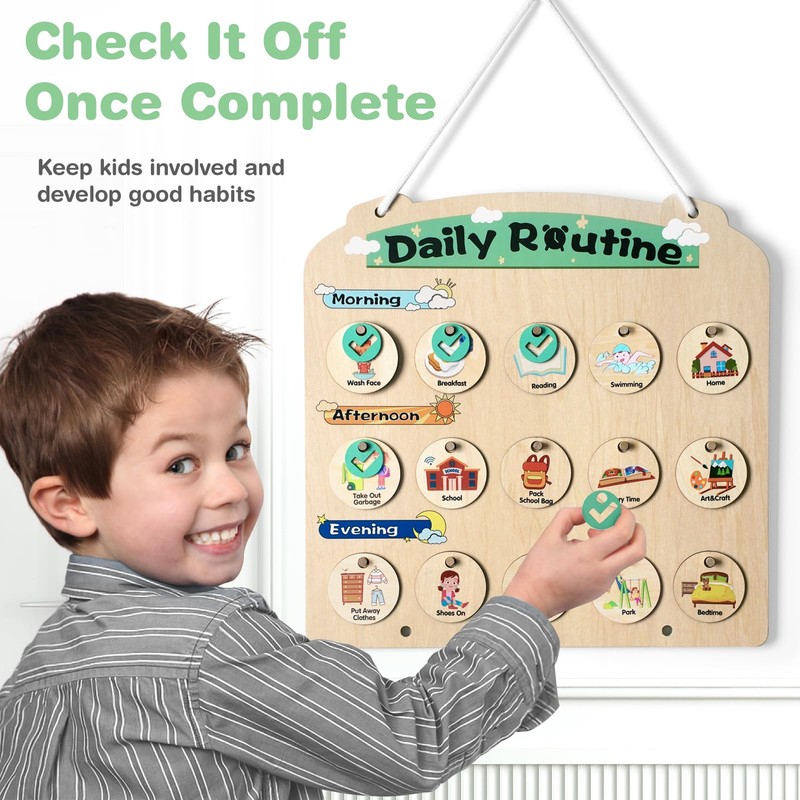 Joyreal Wooden Visual Schedule for Kids - Three Rows Hanging