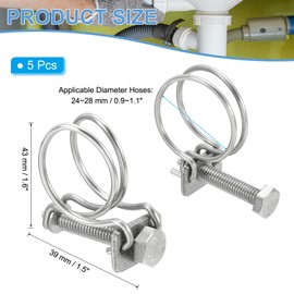 PATIKIL 24-28mm Adjustable Double Wire Hose Clamp, 5 Pcs 304 Stainless Steel Wire Hose Clips Pipe Tube Clamps for Dust Collection Rubber PVC Pool Pump Hose