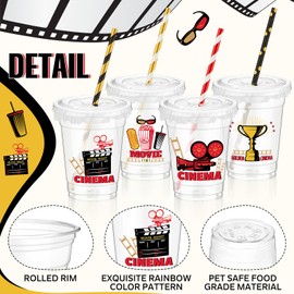 FoldTier 50 Pcs Movie Night Cups 12 oz Disposable Plastic Cups with Straws and Lids Cinema Clear Cup Birthday Cups Supplies Birthday Table Decorations Party Favor