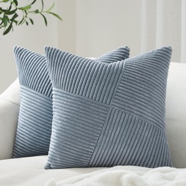 Topfinel Dusty Blue Throw Pillow Covers 18x18 Set of 2, Soft Corduroy Couch Decorative Pillow Covers Windmill Textured Striped Patchwork Cushion Cover for Bedroom Living Room Boho Home Decor