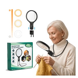 Lupa de cuello manos libres con 48 luces LED, 3 modos de color, lente transparente grande, mango largo ajustable para lectura, manualidades y trabajos