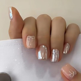 Short Press on Nails Chrome Square Bow False Nails Silver Fake Nails with Cute Designs Glossy Extra Short Artificial Nails Tips Ombre Acrylic Glue on Nails Short Pink Stick on Nails for Women Girls