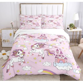 Hoimlm Unicorn Bed Linen, Children's Bed Linen Set with Duvet Cover and 2 Pillowcases, Cartoon Unicorn Microfibre Soft Girls Bedding with Zip (200 x 200 cm, Style H)
