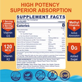 Vitamin D3 5000IU + K2 (MK-7) 120mcg, Sugar-Free Vitamin D3 K2 Filled Gummies with Vitamin B Complex - Methyl B12, B9, B6 | Vitamin E & Zinc, MCT Oil - Supports Bone & Teeth Strength, Immune, 1PACK