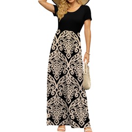 DB MOON Womens 2025 Casual Summer Plus Size Maxi Dresses Short Sleeve Empire Waist Long Dress with Pockets(Black and Gold, XL)