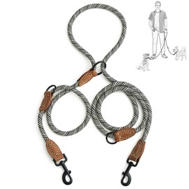 Mile High Life Double Dogs Leather Tailor Handle Mountain Climbing Dog Rope Leash 8FT with Heavy Duty Metal Sturdy Clasp (White)