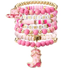 JOLYEAK 7Pcs Western Cowgirl Bracelets,Rainbow Clay Beaded Bracelet,Vintage Beaded Western Bracelet,Stackable Bohemian Bracelets for Women Cowgirl (Pink)