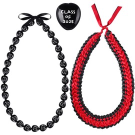 Junkin 2 Pcs Graduation Leis Class of 2025 Kukui Nut Leis Beads Necklaces Ribbon Hawaiian Necklace for Graduation Gift(Black, Red)