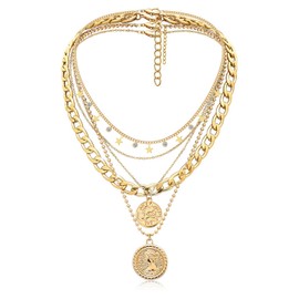 MJartoria Gold Layered Necklaces for Women Trendy Retro Coin Pendant Necklace Dainty Chunky Chain Choker Necklaces for Jewelry Birthday Gifts (Gold, D-Star+Coin-4PCS)