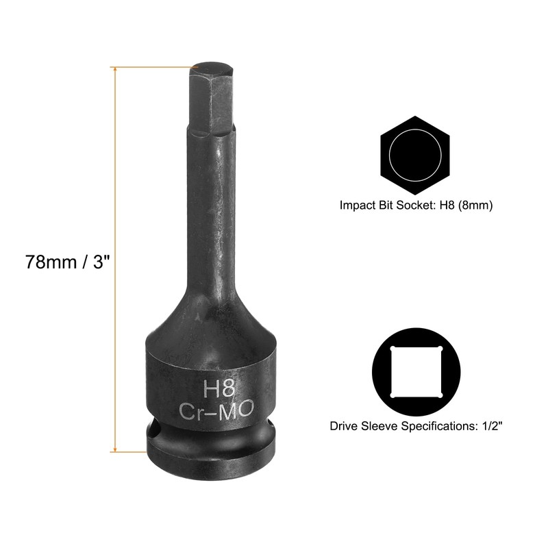 sourcing map 2pcs H8 (8mm) Hex Impact Bit Socket 1/2"