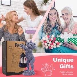 Tiejiajiang Frog Statue with Solar Lantern - 10 Inch Resin Solar Outdoor Yard Lawn Garden Decor - Unique Gifts for Women,Mom Men (Gray)