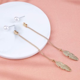 Cimenexe Bohemian Feather Earrings Pearl Stud Earrings Long Chain Drop Earrings Golden Tassel Chain Earrings Feather Drop Earrings Leaf Earrings Jewellery for Women and Girls