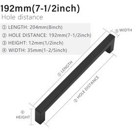 WADY 10pcs Hole Center Kitchen Square Cabinet Handles, Black Stainless Steel Cabinet Pulls Drawer Pulls Kitchen Cabinet Hardware Kitchen Handles,Modern Square Drawer Pulls (192mm)