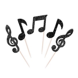 Clovercrafts 12 x Black Glitter Music Note Cupcake Toppers – Music Party Decor