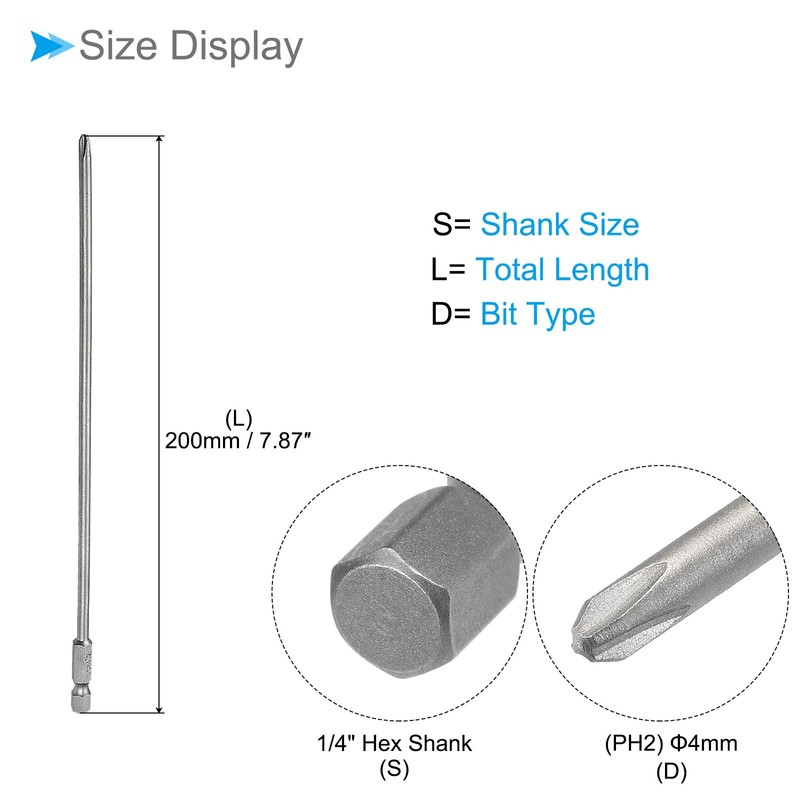 CoCud Phillips Cross Screwdriver Bits, PH2 200mm Long 1/4" Hex