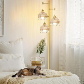 ILLMTW Glass Floor Lamp for Living Room,Bedroom,Gold Mid Century Modern Standing Lamp Brass Tree 3 Light Tall Floor Lamps Vintage Retro Floor Lights Amber Flower Lamp Shade Farmhouse Boho Bohemian