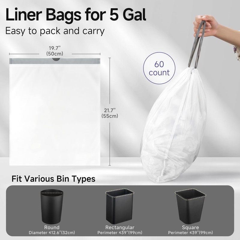 TIPGO 5 Gallon Trash Bags Drawstring, Pre-Cut Strong Wastebasket Bin
