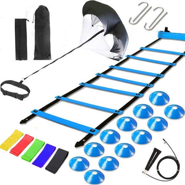 Agility Ladder Speed Training Equipment, Includes 12 Rung Agility Ladder,Running Parachute,Jump Rope,Resistance Bands,12 Resistance Cones for Football,Basketball,Hockey Training Athletes