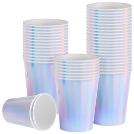 60Stück Silber Party-Pappbecher Einweg-Partybecher Partygeschirr Dekoration, Schillernde Pappbecher Kaffeebecher, Papier Partybecher für heiße und kalte Getränke holografische Silber Regenbogen Beche