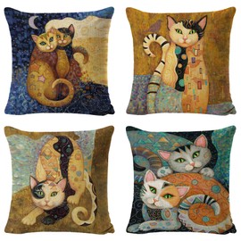 Umimiss 4PCS Animal Cushion Covers - Cushion Covers 45 X 45, Cat Gifts for Women, Cat Cushion, Cat Theme Room Decor, Cat Print Cotton and Linen Seat Cushion for Living Room Sofa Couch Bed Pillowcase