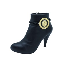 TrendyFashionJewelry Women Western Boot Bracelet Black Metal Chain Medallion Gold Lion Bling Shoe Charm