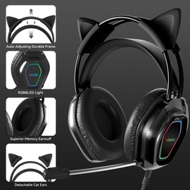 Wantek Cute Cat-Ear Gaming Headset - 50mm Drivers, Noise-Cancelling Mic, 3.5mm Wired Stylish & Lightweight Design (Black)