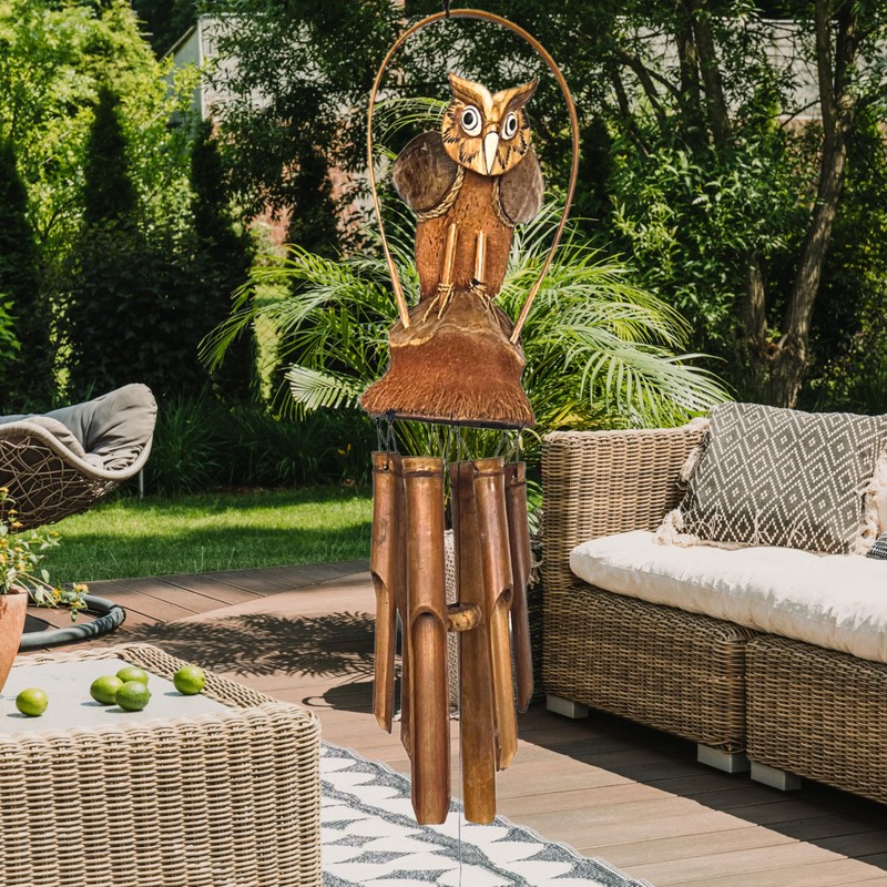 Bellaa 23394 Owl Bamboo Wind Chimes Tune Melody 38 inch