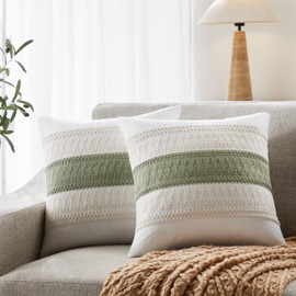 YZJZEDS Soft Cotton Boho Throw Pillow Covers Set of 2, Natural White/Contrast Green 18x18 Inch, Sage Green Farmhouse Decorative Cushion Covers for Sofa Bed Living Room Home Decor