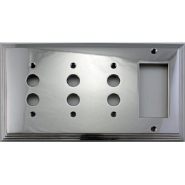 Polished Nickel Deco Step Style 4 Gang Combination Switch Plate - 3 Push Button Light Switch Openings 1 GFI/Rocker Opening