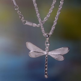 NOVICA Artisan Handmade Sterling Silver Pendant Necklace Crafted with Dragonfly Indonesia Animal Themed [20.5 in L 3 mm W Pendant(s) 1.5 in L x 1.4 in W x 0.2 in D] ' White Dragonfly'