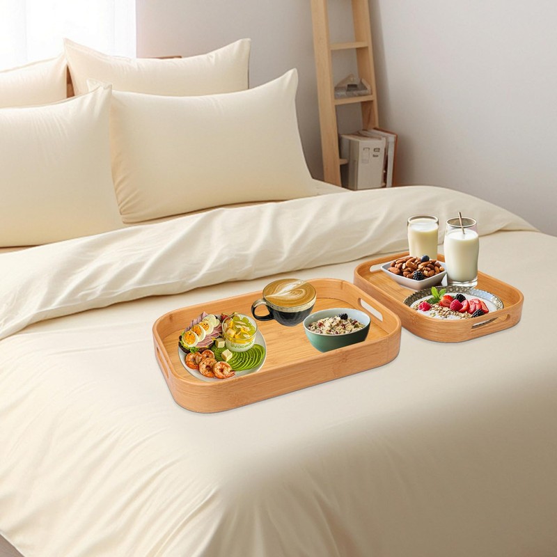 Geytetqi 2 Pack Bamboo Serving Trays with Handles, Rectangular Bamboo