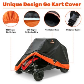Go-Kart Cover 2 Seater, Waterproof 420D Go-Kart Cover, Go-Kart Accessories with Reflective Air Vent and Buckle, Suitable for Coleman Kandi TrailMaster MotoTec, Black/Orange 75″ L×51″ W×51″ H